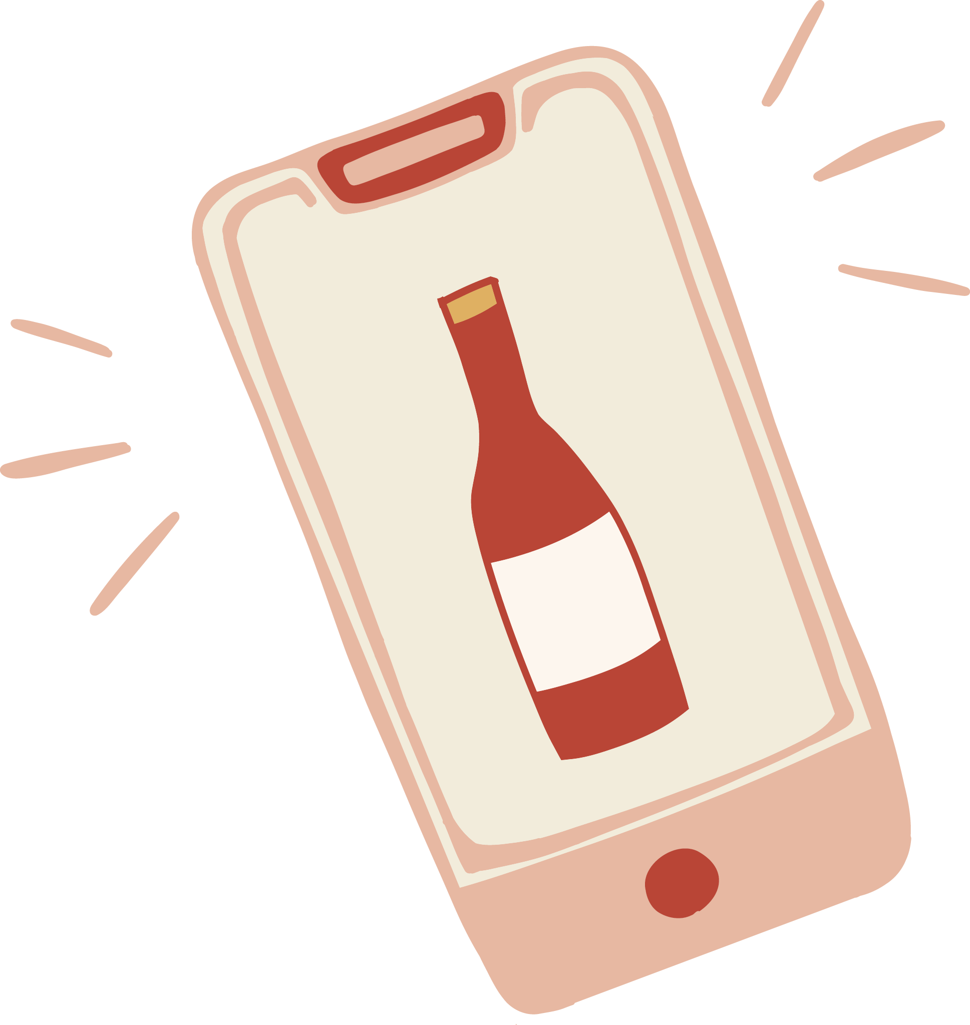 A hand holding a mobile phone displaying a steaming bottle. There are lines illustrating motion or emphasis around the phone.
