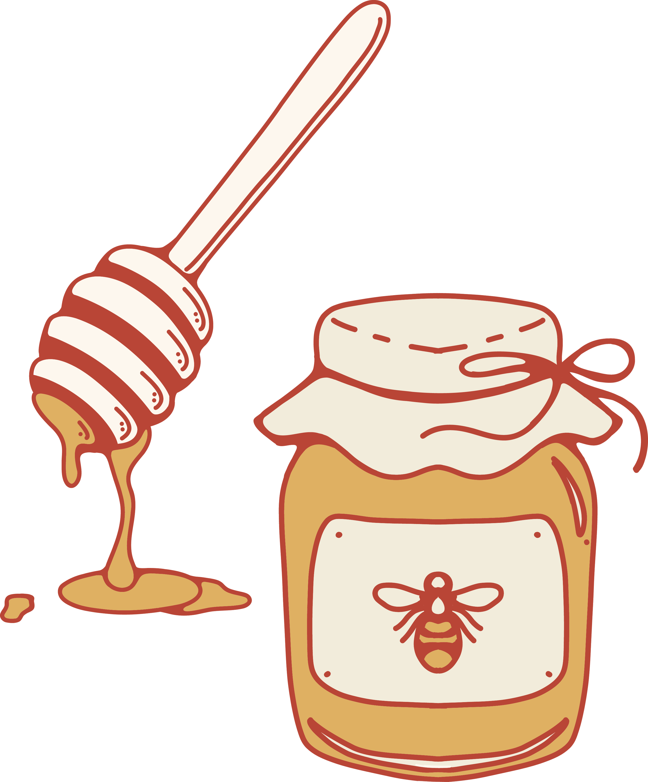 Illustration of a honey jar, a honey dipper with honey dripping, and a honey bee on a cloth with a bow.