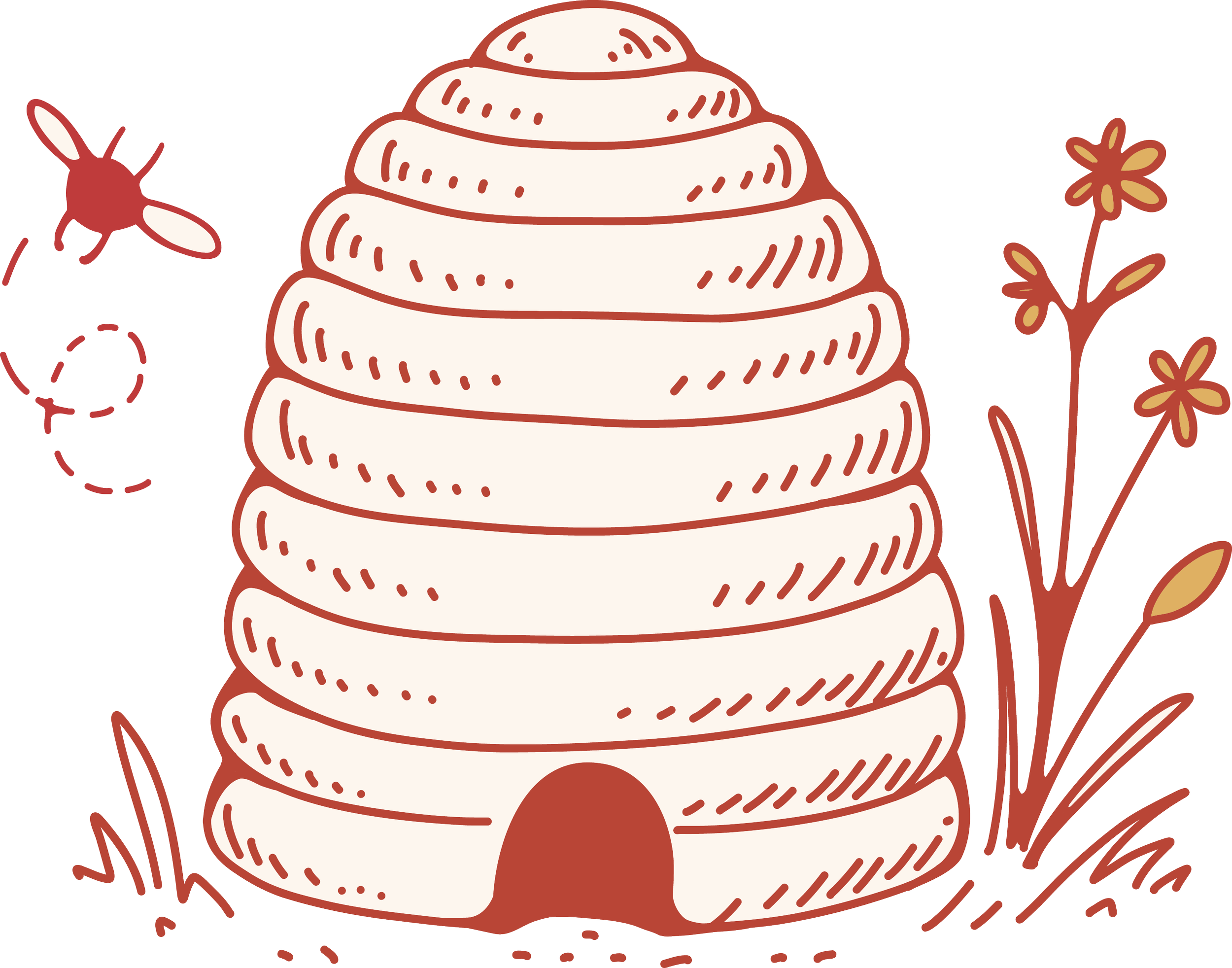 Illustration of a beige and brown skep with flowers, a throwback to Crytal's Honey Logo.
