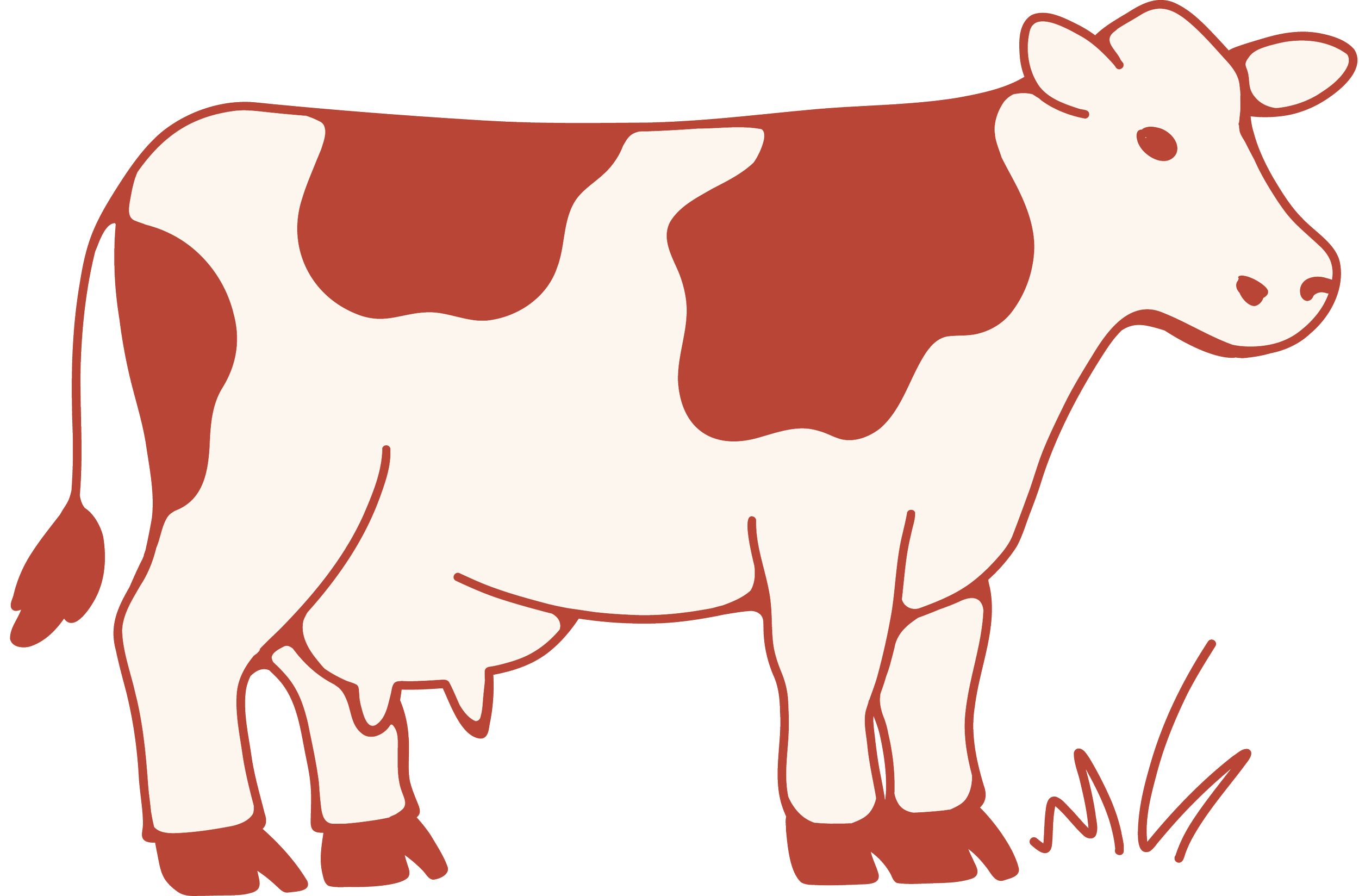 Line drawing of a cow with brown and white patches, standing on grass.