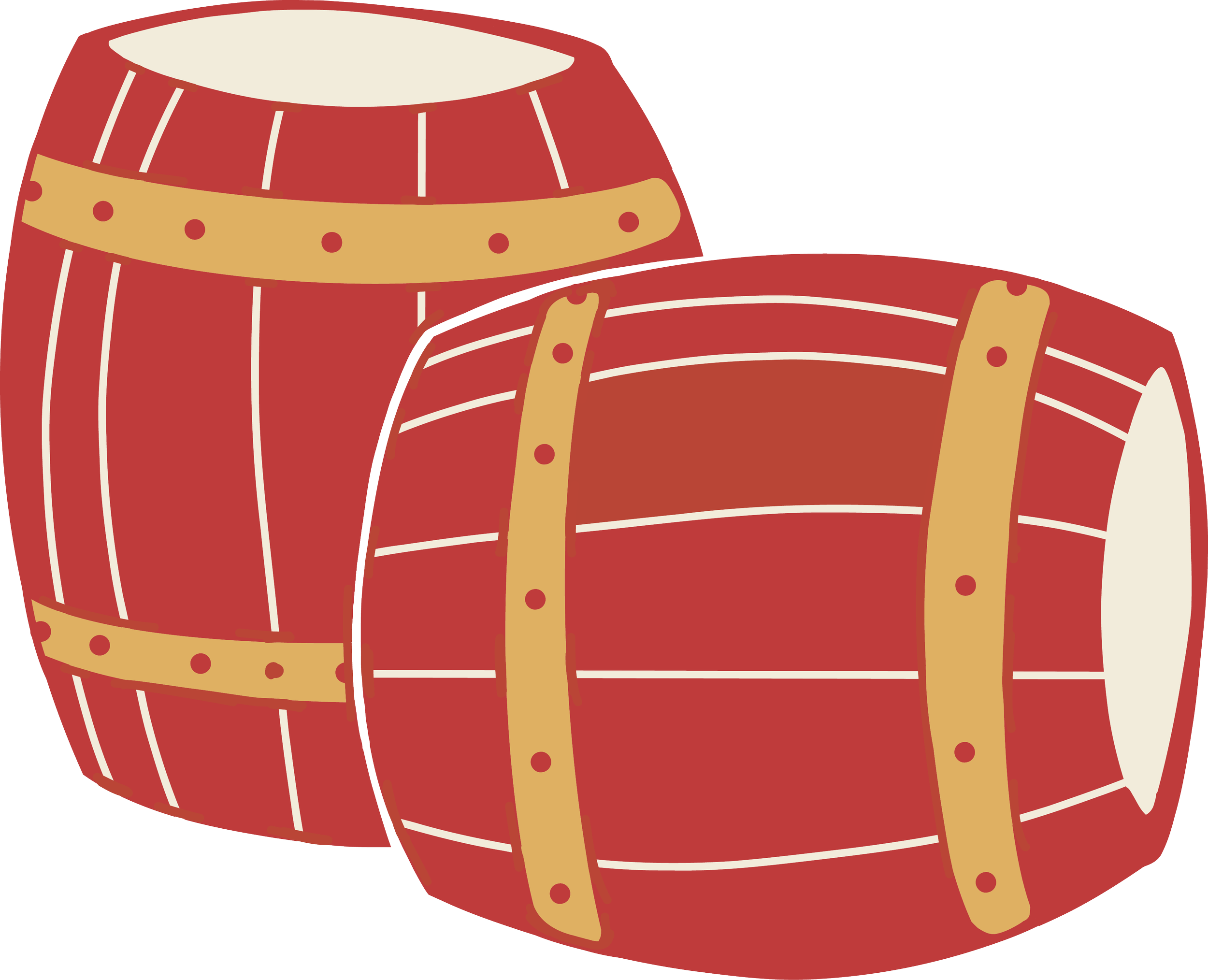 2 red wine barrels with gold accents and vertical white stripes.