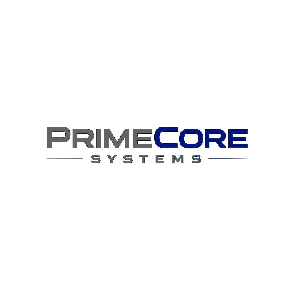 Logo for PRIME CORE SYSTEMS in metallic and blue text.