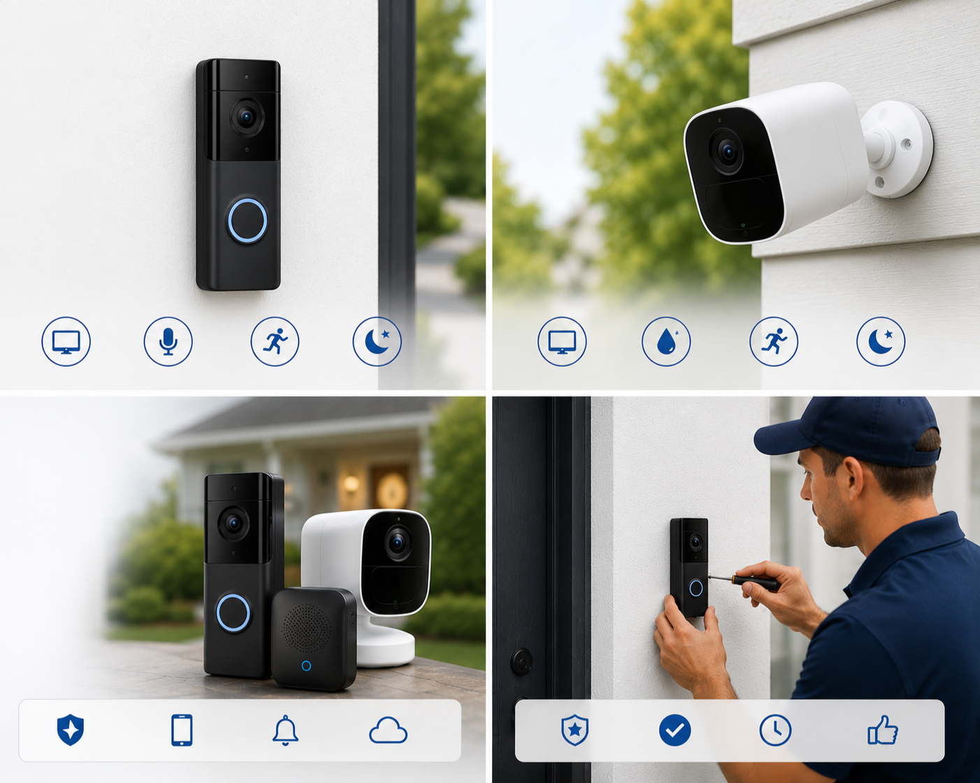 Compilation of four images showing different home security devices. The top left image features a black video doorbell with a blue ring function. The top right image showcases a white security camera mounted on an exterior wall. The bottom left image displays various security gadgets including a black doorbell, a white camera, and a black sensor. The bottom right image shows a man in a blue cap and shirt installing a black doorbell with a screwdriver, with icons indicating security and monitoring features.