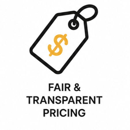 Price tag with dollar sign symbol and text 'Fair & Transparent Pricing'.