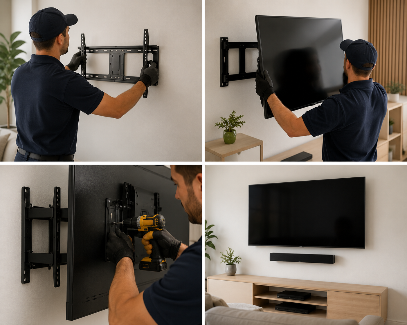 A man installing a TV wall mount and mounting a flat-screen TV on it in a living room.