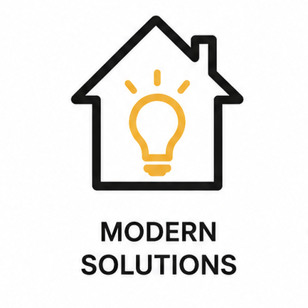 Outline of a house with a lightbulb inside, symbolizing ideas or innovation, and the text 'MODERN SOLUTIONS' below.
