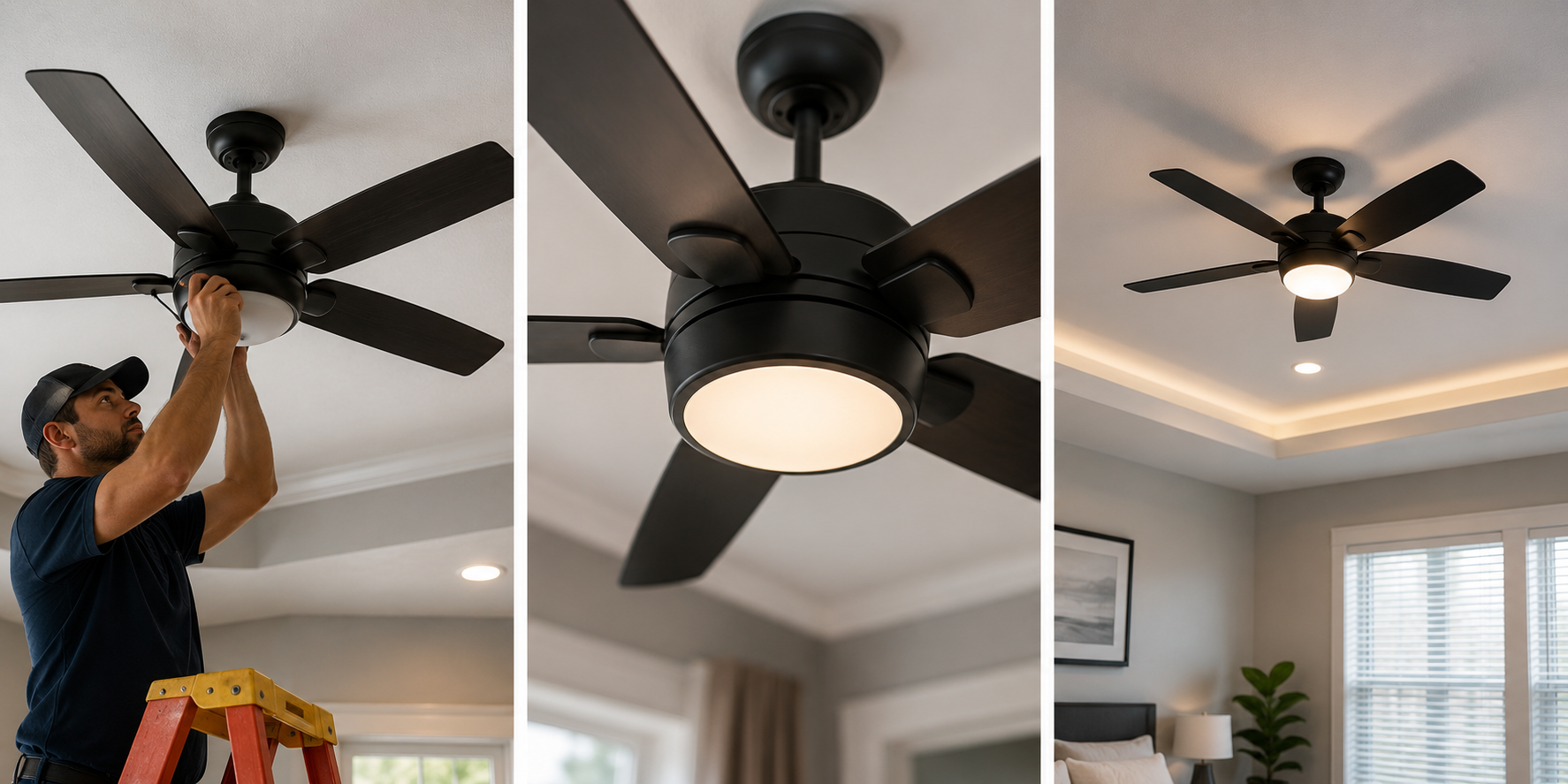 Three-panel collage showing the installation and features of a modern black ceiling fan with lights. The first panel shows a man on a ladder installing the fan, the second is a close-up of the fan's light, and the third shows the fan working with a built-in LED light on in a living room with modern decor and recessed lighting.