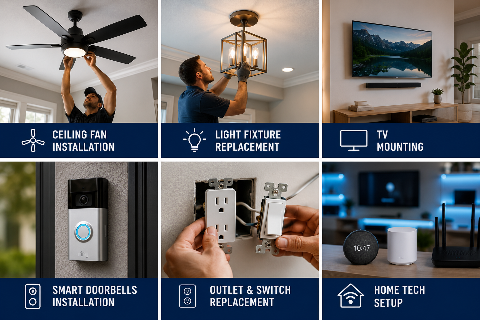 A collage of six images depicting various home improvement and smart home setup projects, including ceiling fan installation, light fixture replacement, TV mounting, smart doorbell installation, outlet and switch replacement, and home tech setup.