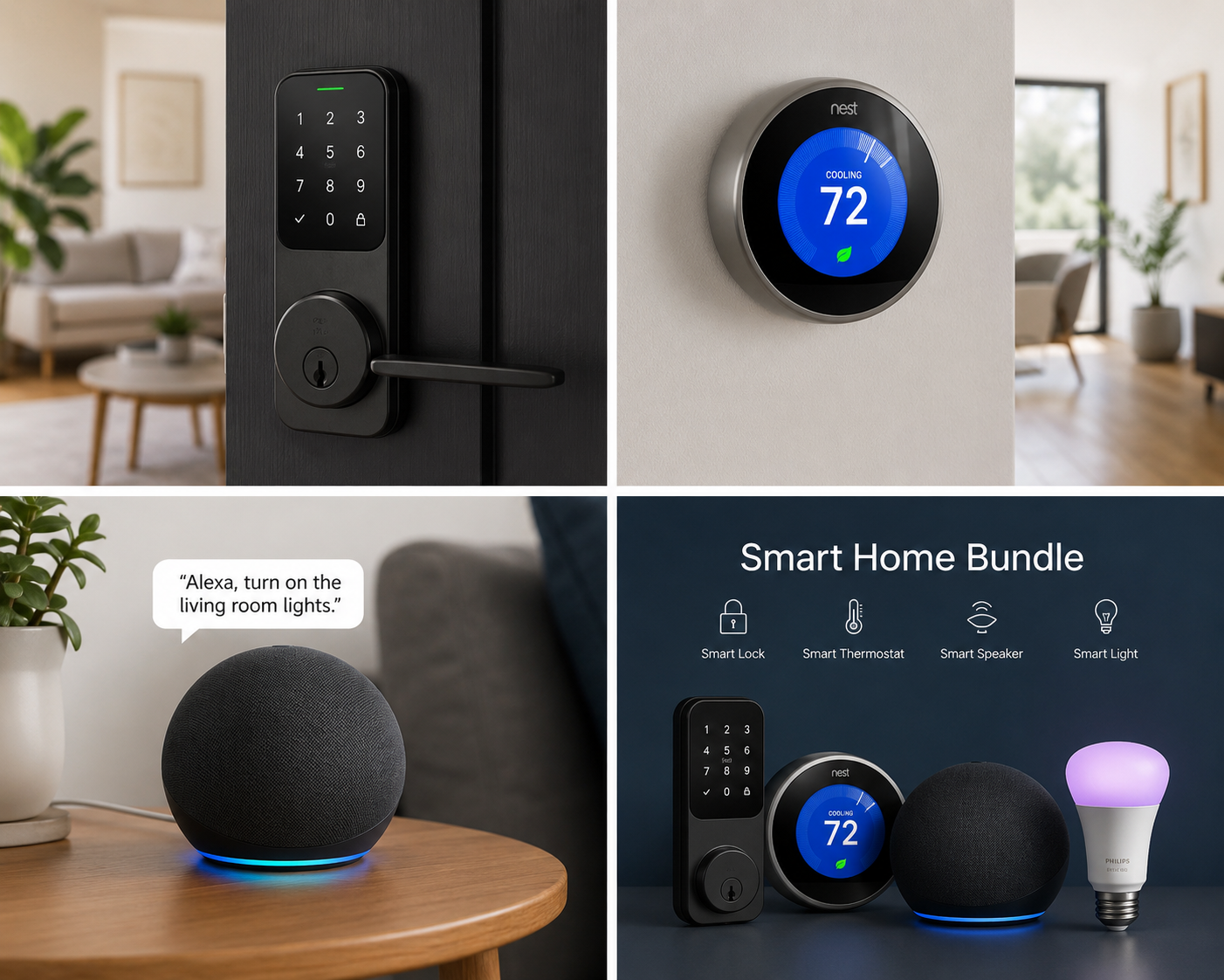 Top left: Digital door lock with keypad and handle. Top right: Nest thermostat showing 72 degrees. Bottom left: Smart speaker with a speech command. Bottom right: Smart home bundle including door lock, thermostat, speaker, and light bulb.