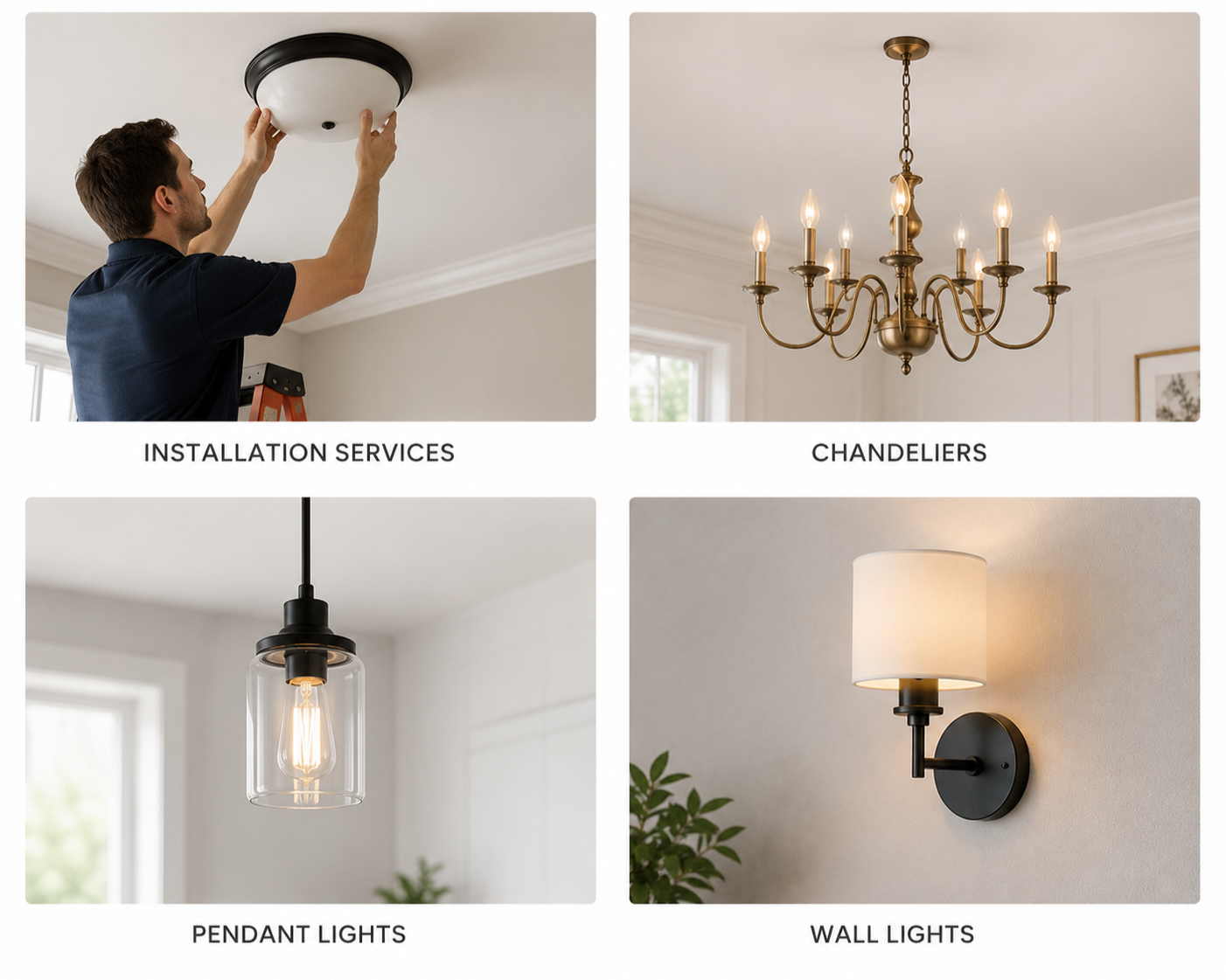 A collage of four images showing different lighting services and fixtures: a technician installing a ceiling light, a chandelier hanging from the ceiling, a pendant light fixture with an exposed bulb, and a wall-mounted sconce with a lampshade.