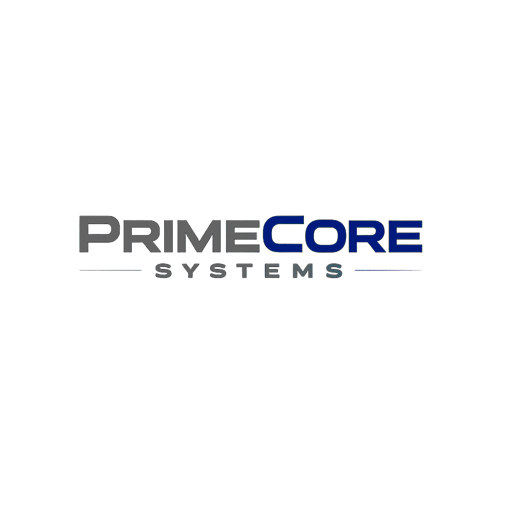 Logo for PrimeCore Systems with the name in black, gray, and blue text on a black background.