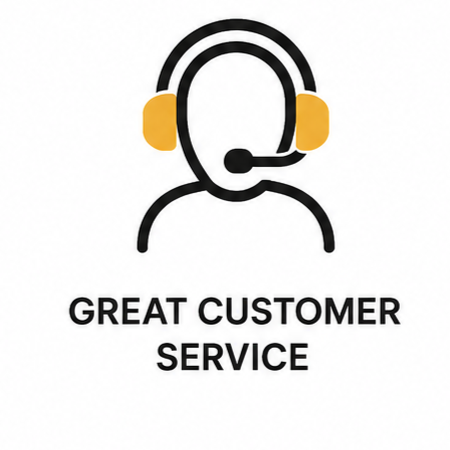 Icon of a customer service representative with a headset and microphone, above the text 'Great Customer Service'