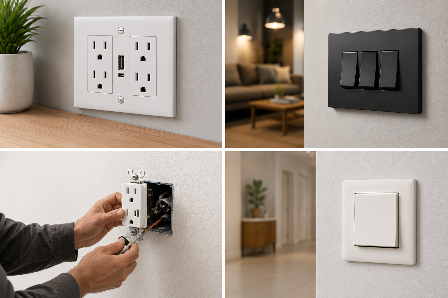 Top left: An electrical outlet with a built-in USB port on a wooden surface next to a potted plant. Top right: A three-gang rocker light switch on a wall in a cozy living room. Bottom left: A person installing a new electrical outlet with a screwdriver, showing the outlet being wired into the wall. Bottom right: A single white rocker light switch on a wall in a hallway.