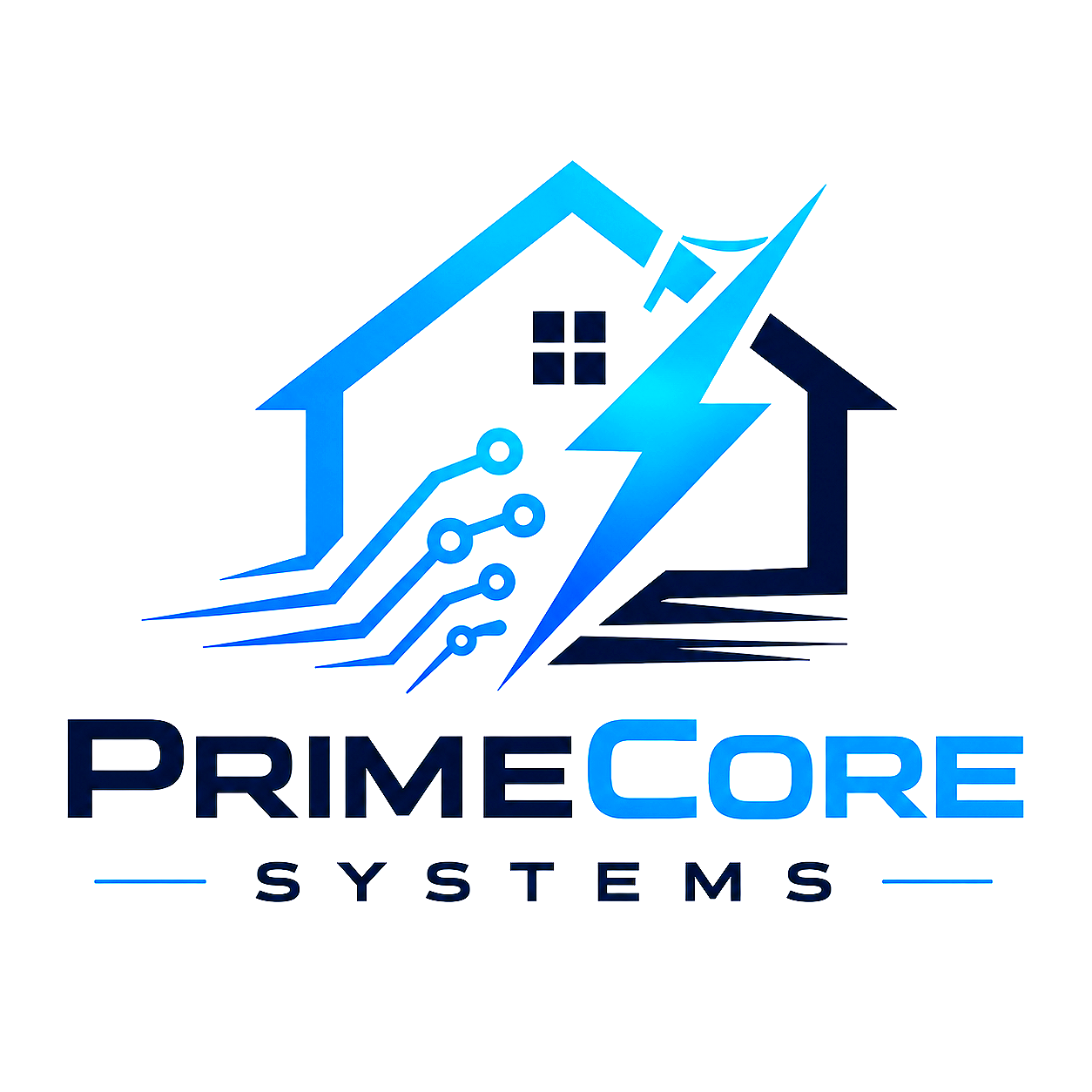 Logo for PrimeCore Systems featuring a house with a lightning bolt, circuit lines, and the company name in blue and black text.