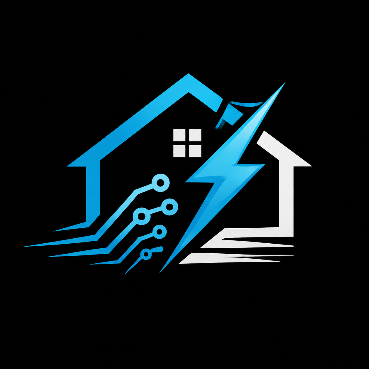 An illustration of a house with circuitry and a lightning bolt, representing smart home technology and electrical power or energy.