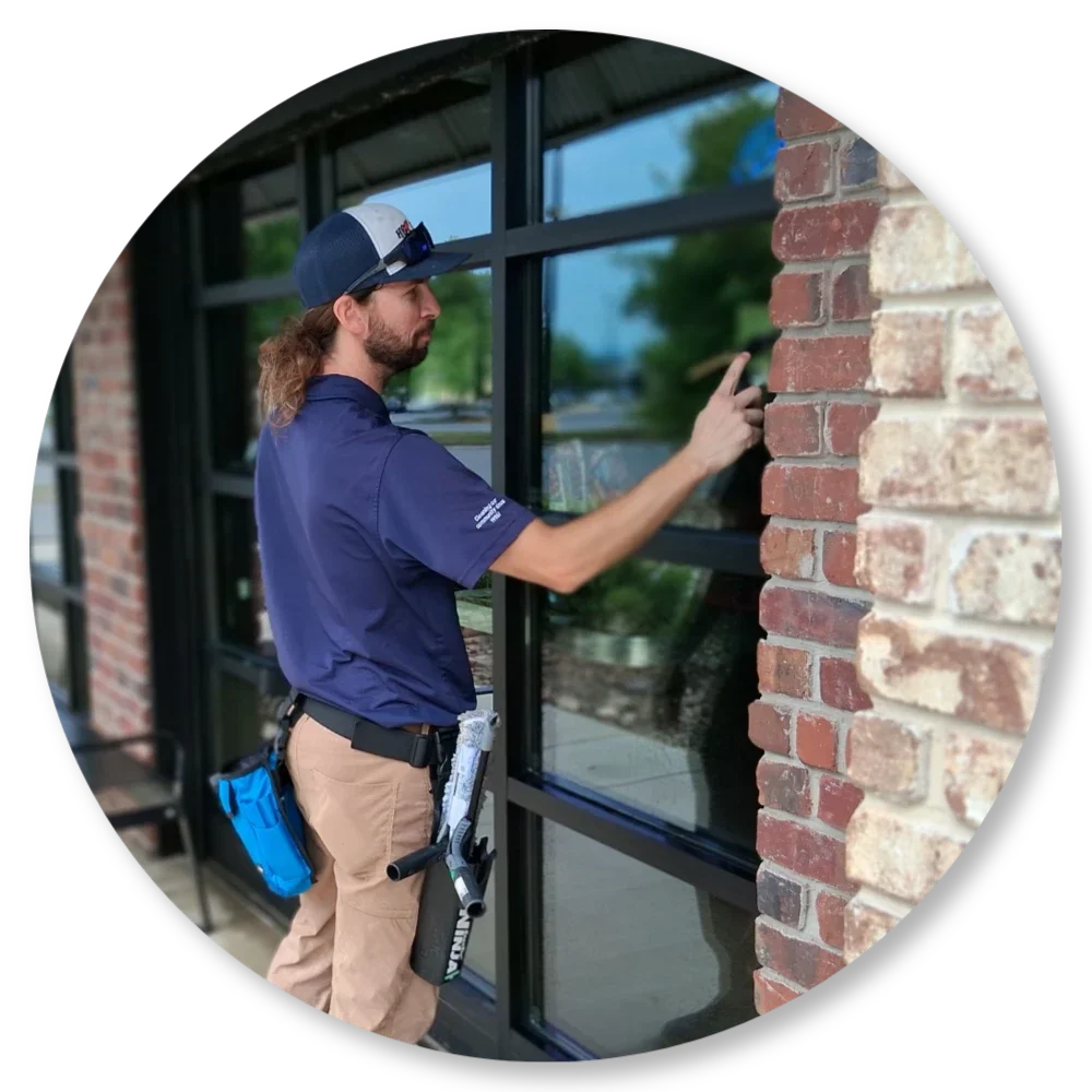 Hot Shot Pressure Washing technician cleaning commercial storefront windows on a brick building in the Roanoke Valley