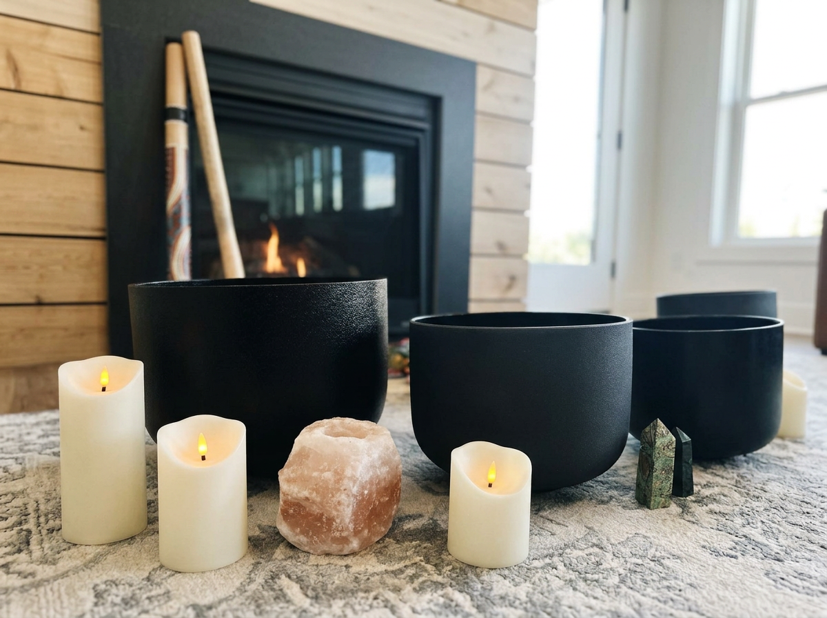 Crystal singing bowls with glowing candles and crystals arranged for a relaxing sound journey.