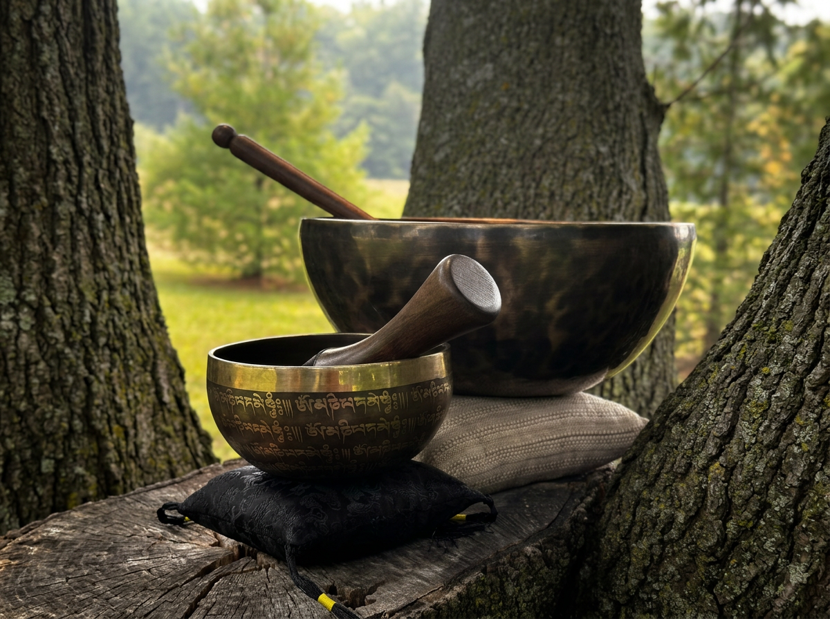 Tibetan singing bowls arranged outdoors beneath a tree for distance Reiki and Intuitive Guidance.