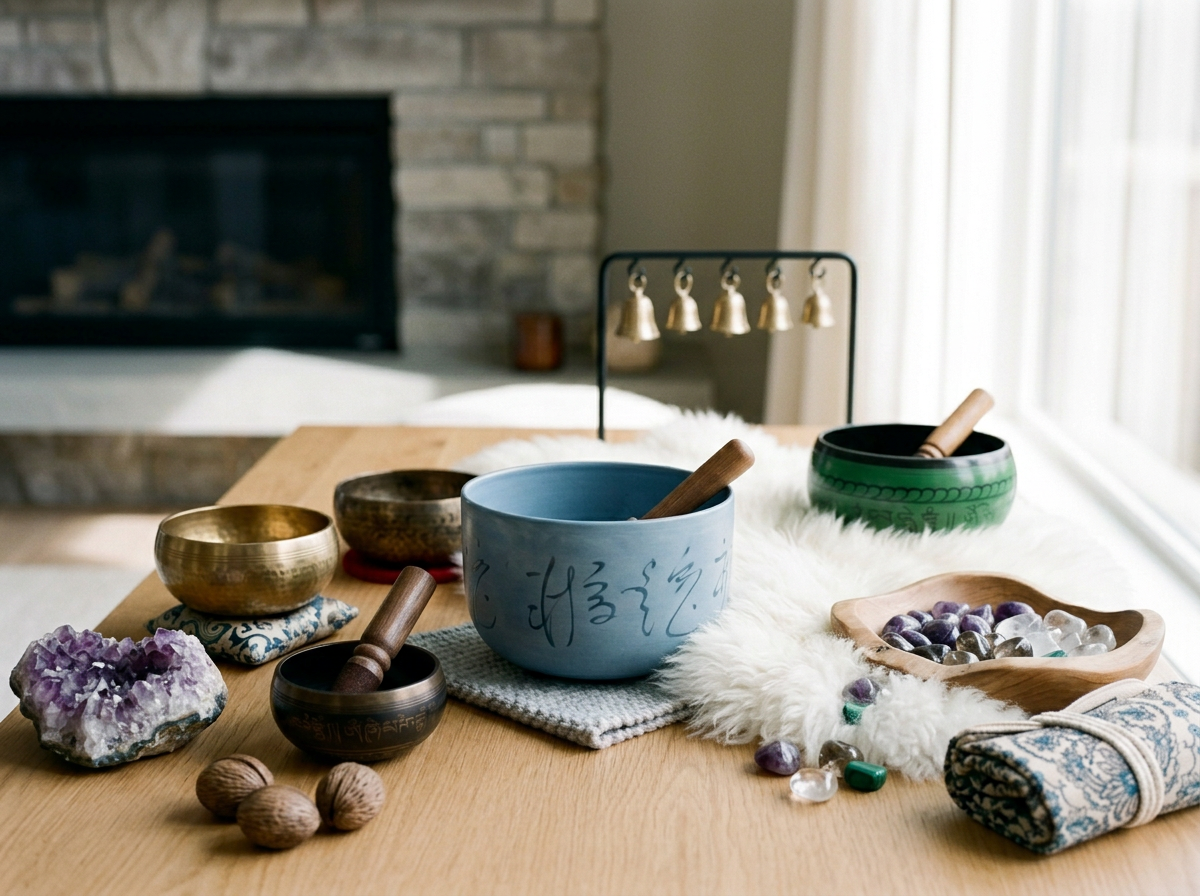 Crystal singing bowls, chimes, and sound healing instruments arranged for an Earth & Echo Session.