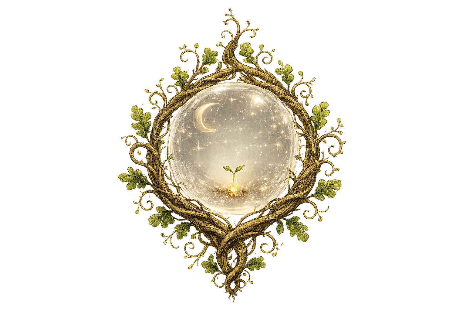Nature inspired logo for The House of Ember & Oak, representing Reiki, sound healing, meditation, holistic wellness, grounding, balance, and inner peace.