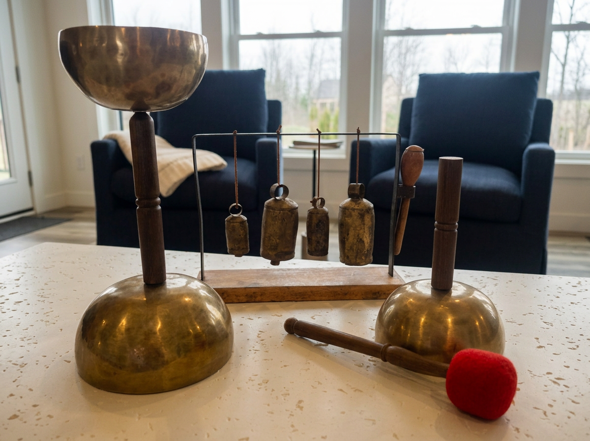 Sound healing instruments ans singing bowls arranged for an Earth & Echo session.