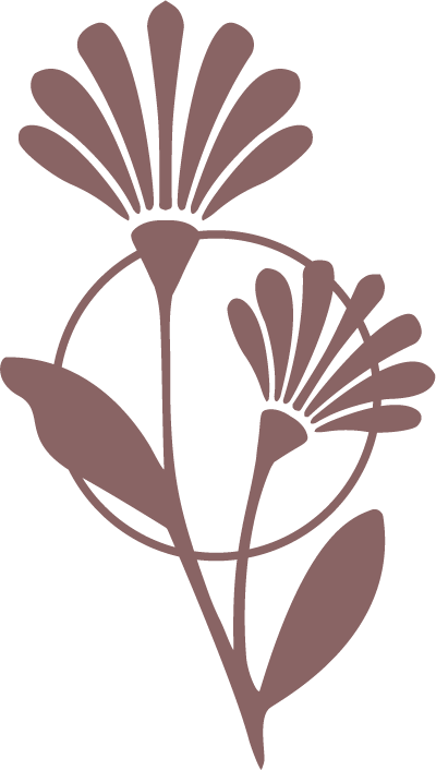 Abstrakte Illustration von drei Blumen mit Blättern in Rosé