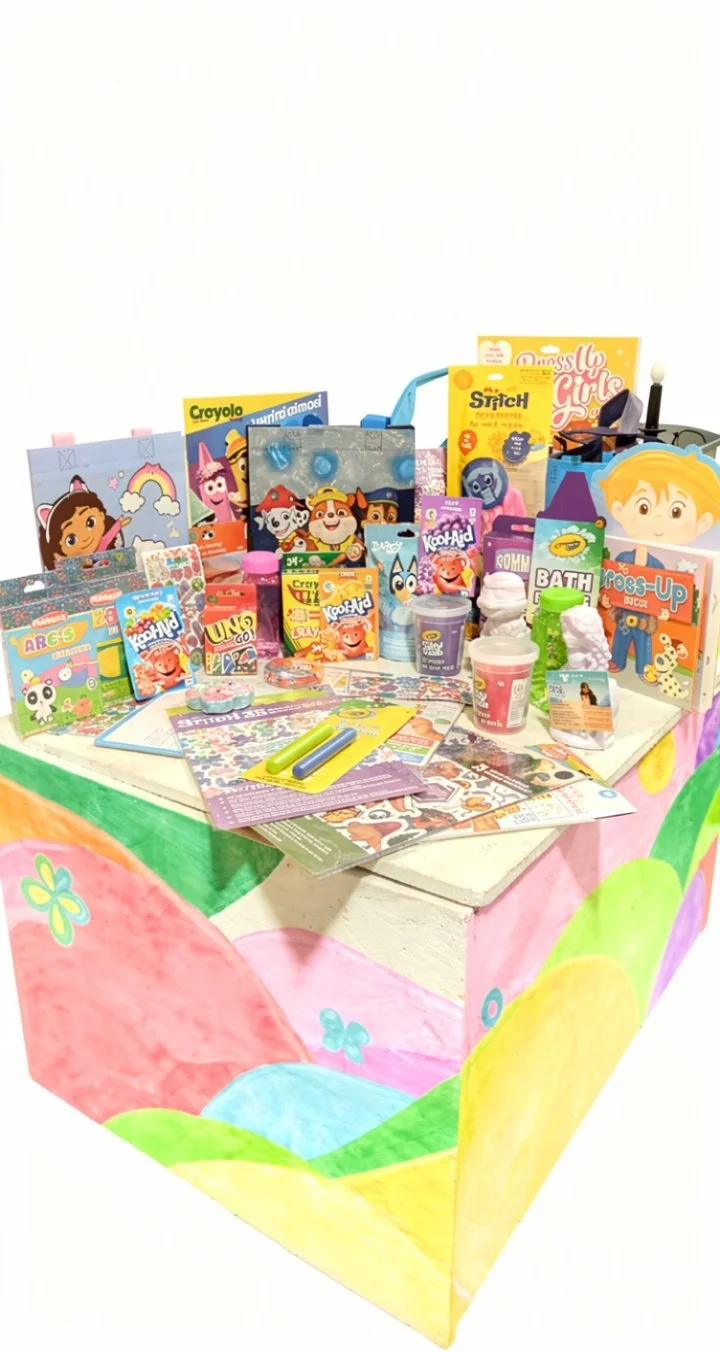 Collection of children's books, toys, crafts, and art supplies on a decorated table with a colorful box at the base.