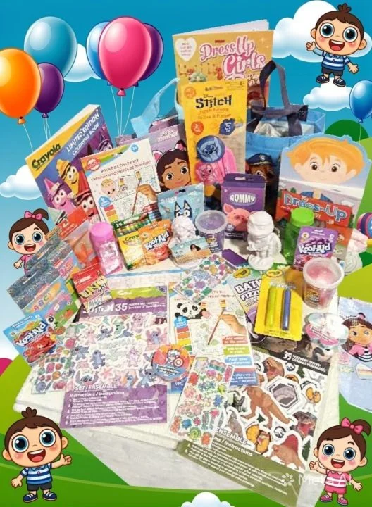 Kids' craft and activity supplies including coloring books, stickers, slime, small toys, and arts and crafts tools, set against a colorful cartoon-themed backdrop with balloons and children.