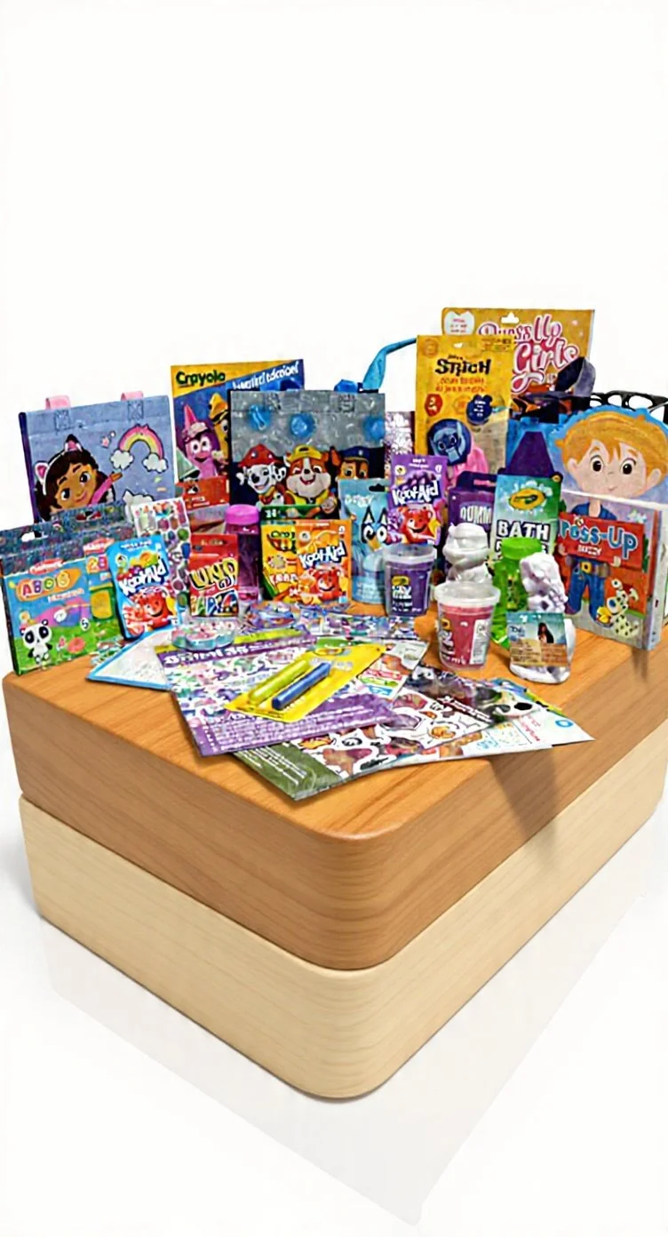 A table filled with various toys, books, and gifts, including children's books, activity packs, and toys.