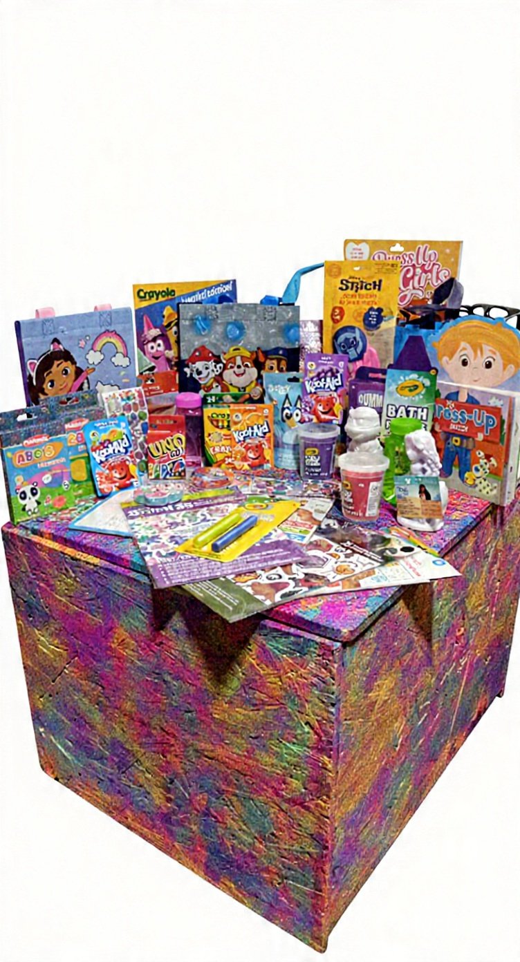Colorful table filled with various children's toys, books, arts and crafts supplies, and activity kits against a white background.