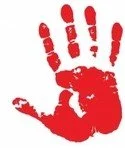 Red painted handprint on a white background