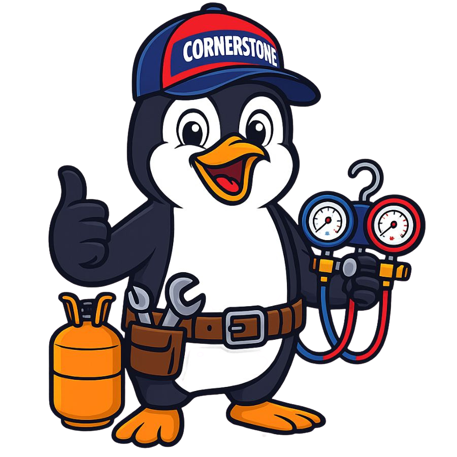 Cartoon penguin wearing a cap labeled 'Cornerstone', holding an HVAC manifold gauge set, giving a thumbs-up, with an orange gas cylinder attached to its belt.