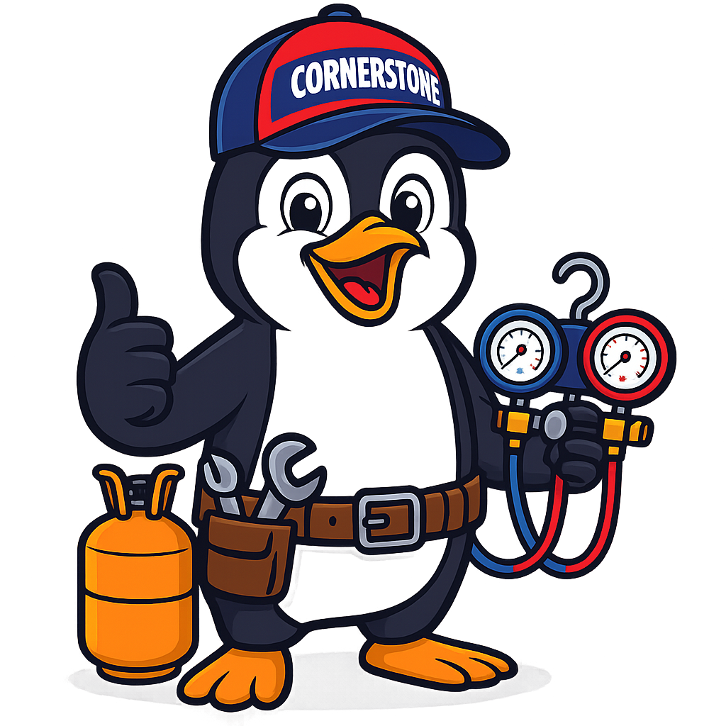Cartoon penguin dressed as a mechanic, giving a thumbs up, holding gauge meters, wearing a cap labeled 'Cornerstone', with tools and a gas tank around.