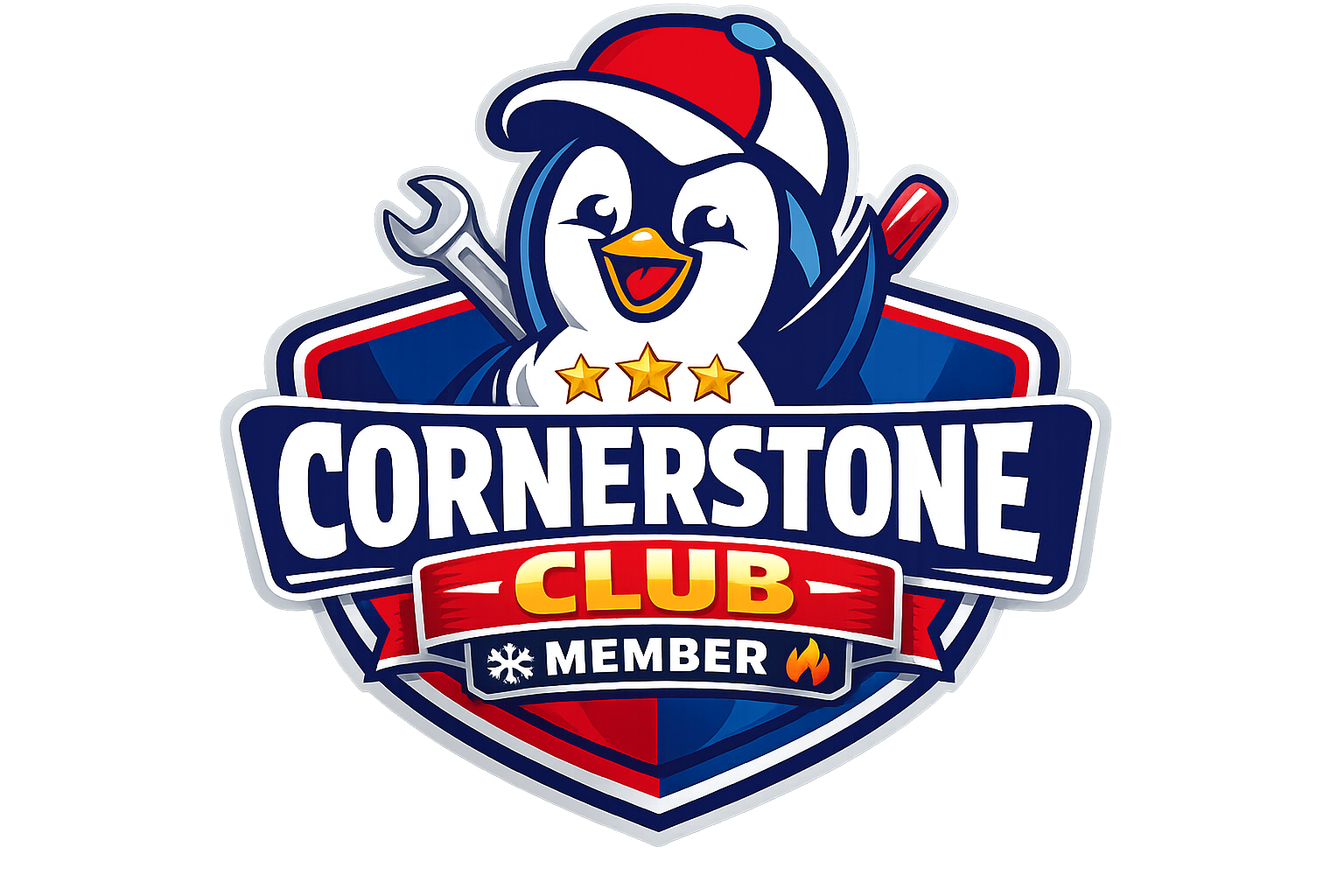 A badge with a cartoon penguin wearing a red cap, holding a wrench and screwdriver. The badge reads "Cornerstone Club Member" with stars, a snowflake, and a flame symbol.