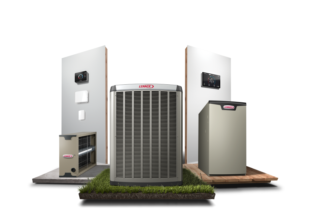 Collection of HVAC equipment including a central air conditioning unit, a smart thermostat, and other HVAC components outdoors on a display stand.