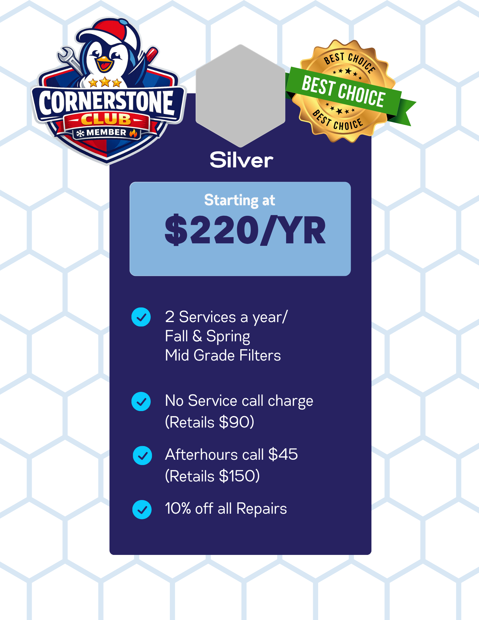 A promotional flyer for a tire service membership program called Cornerstone Club. It features a penguin mascot holding a wrench and a screwdriver, with badges indicating quality and best choice. The flyer lists benefits such as starting at $220 per year, two services annually, no service call charge, discounted repairs, and percentage discounts.