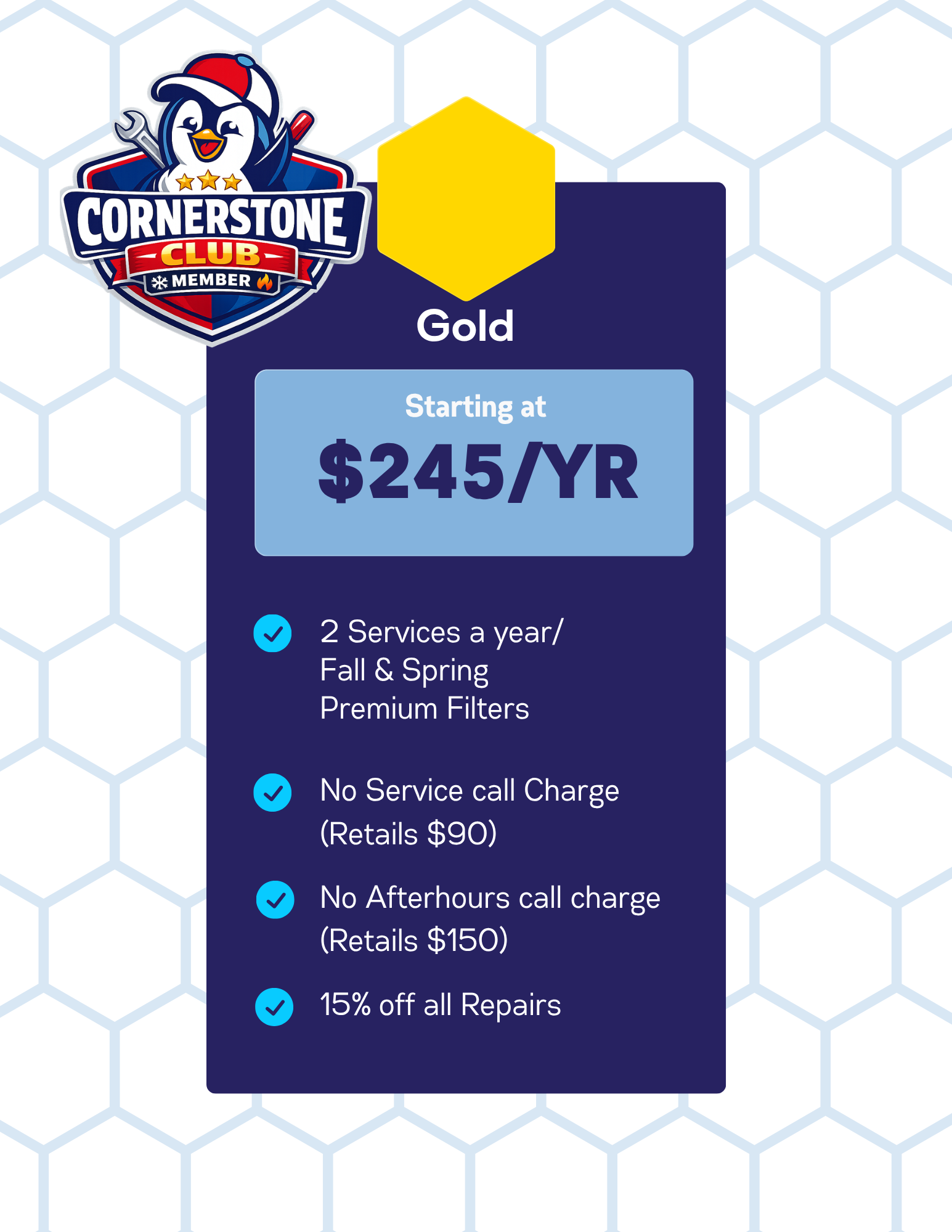 A digital badge with a penguin wearing a Santa hat and holding a wrench and screwdriver, with a logo that reads 'Cornerstone Club Member'. The badge indicates a Gold tier membership and displays starting prices and benefits.