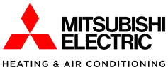 Mitsubishi Electric logo with red three-diamond symbol and text 'Mitsubishi Electric Heating & Air Conditioning'