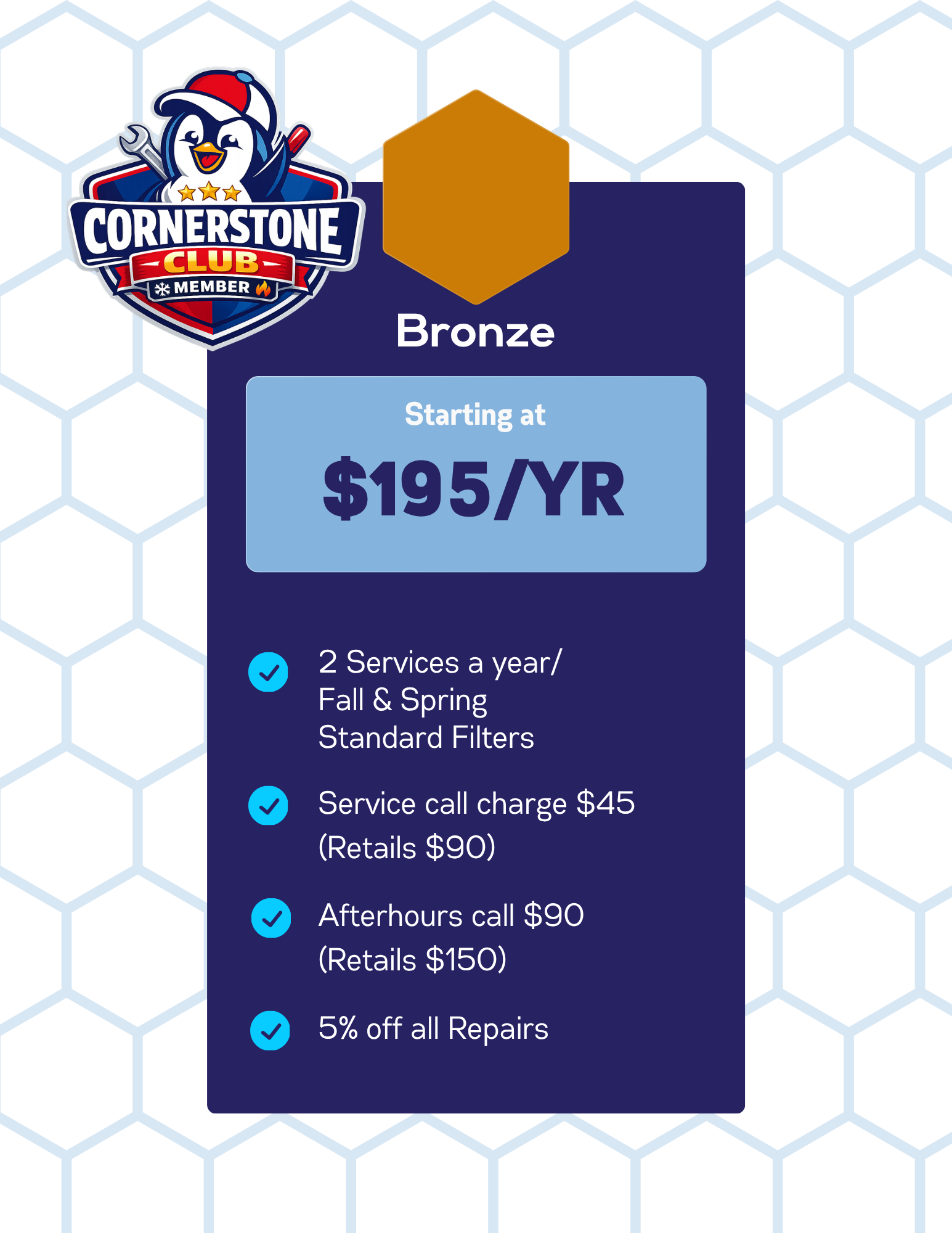 A badge and membership offer for a car service or dealership. The badge is in the shape of a honeycomb with a penguin logo, wearing a hat and holding a wrench. The membership level is 'Bronze,' with a starting price of $195 per year, and includes benefits like two services per year, a $45 service call charge, afterhours call service, and 5% off all repairs.
