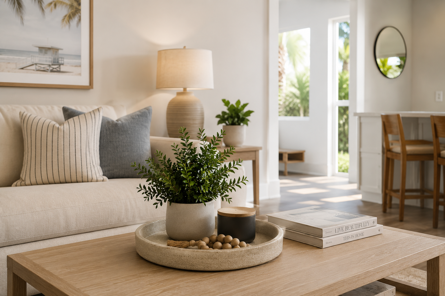 Cozy living room with beige sofa, decorative pillows, wooden coffee table with potted plant, candles, and books, bright natural lighting, and window view of greenery outside.