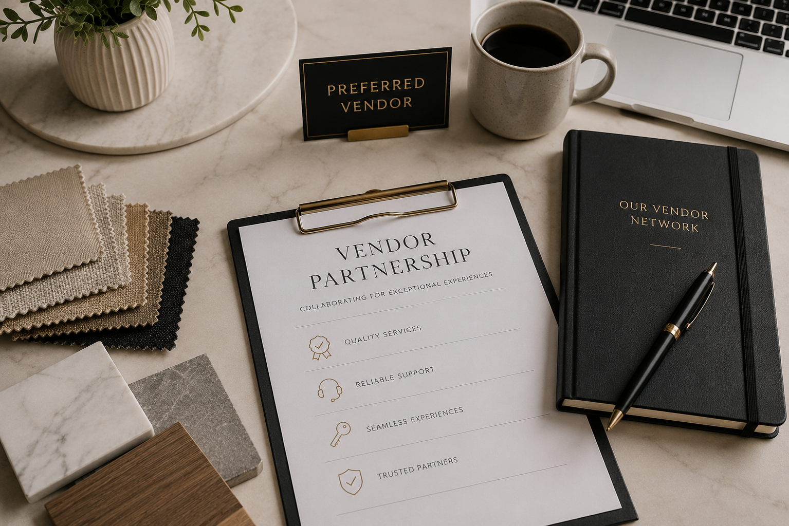 Desk setup with fabric samples, a planner labeled 'Vendor Partnership' and 'Our Vendor Network,' a pen, a coffee mug, a laptop, a plant, and a sign that reads 'Preferred Vendor'.