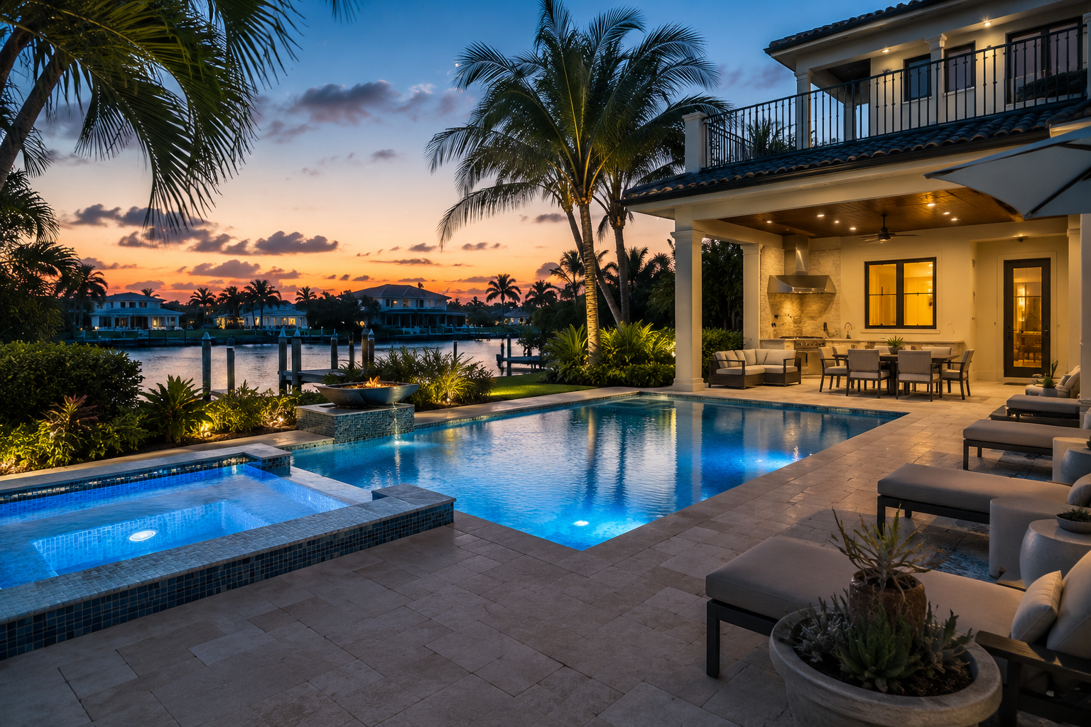 Luxury backyard with illuminated swimming pool, hot tub, outdoor seating and dining area, tropical palm trees, waterfront view at sunset, illuminated house patio.