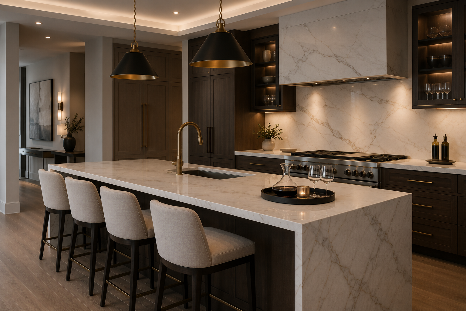 Modern kitchen with a large marble island, dark wood cabinets, and open shelving with glassware, decorated with a tray holding a decanter, glasses, and candles.