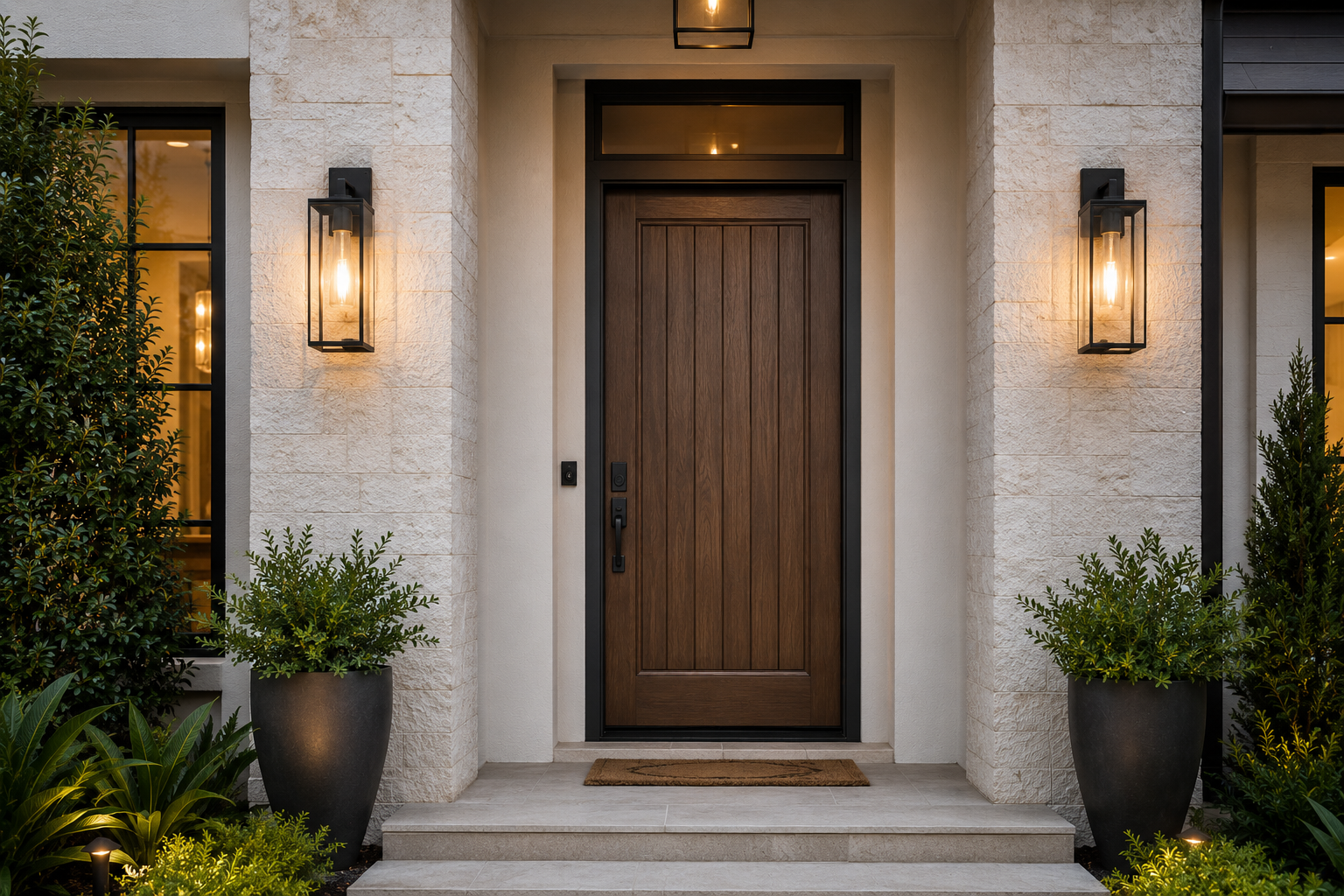Front entrance of a house with a wooden door, surrounded by white stone walls, illuminated by two outdoor wall sconces, with potted greenery on each side and steps leading up to the door.