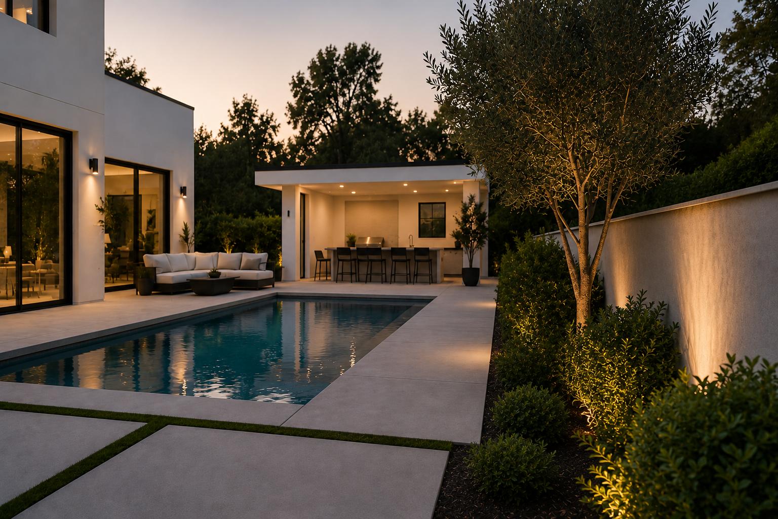 Modern backyard with lit outdoor seating area, swimming pool, and outdoor kitchen under a sunset sky, surrounded by greenery and a white fence.