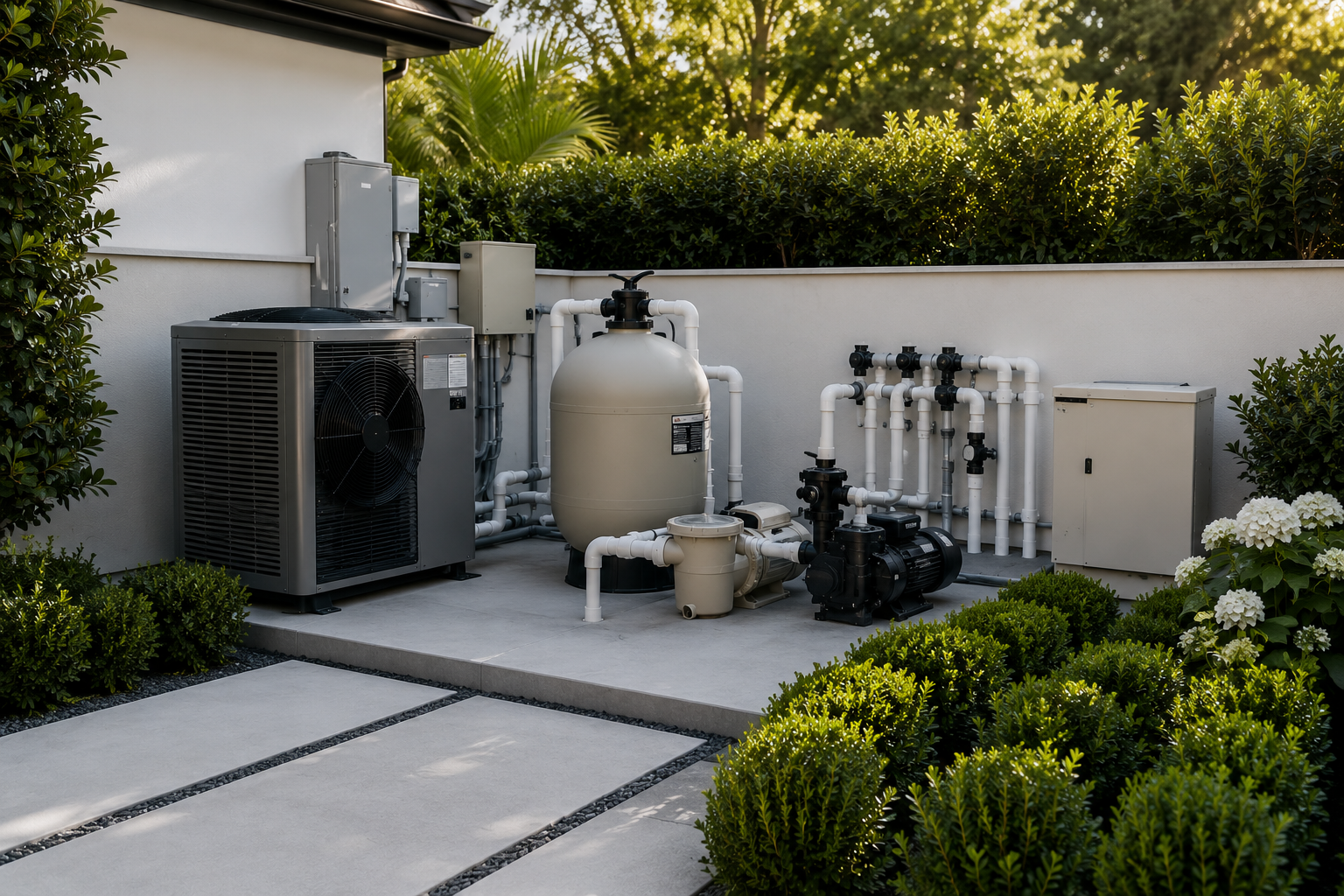 Outside backyard with HVAC, pool equipment, and piping next to a white wall, surrounded by green shrubs and plants.