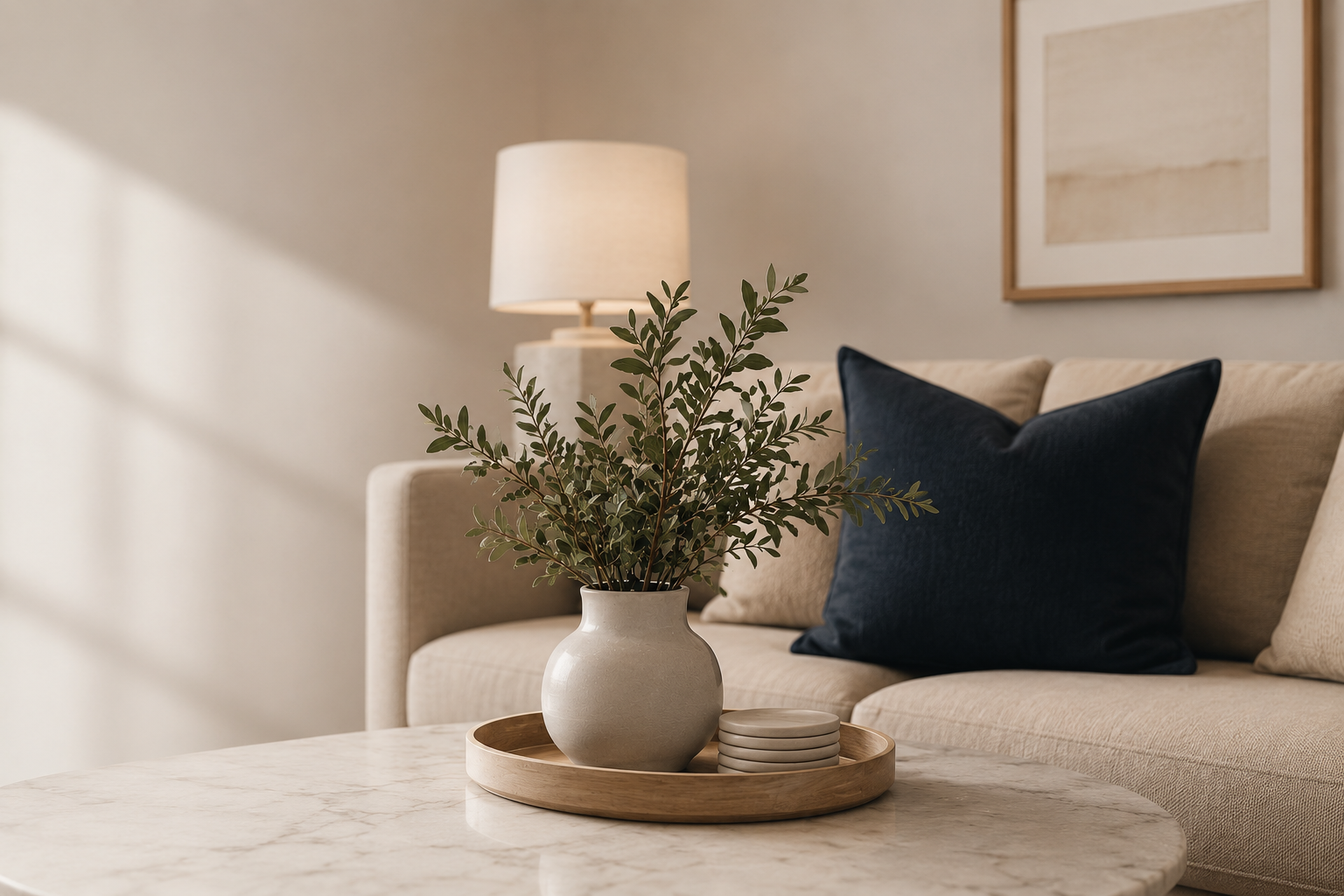 Living room with beige sofa, throw pillow, table lamp, wall art, and a vase with greenery on a marble coffee table.