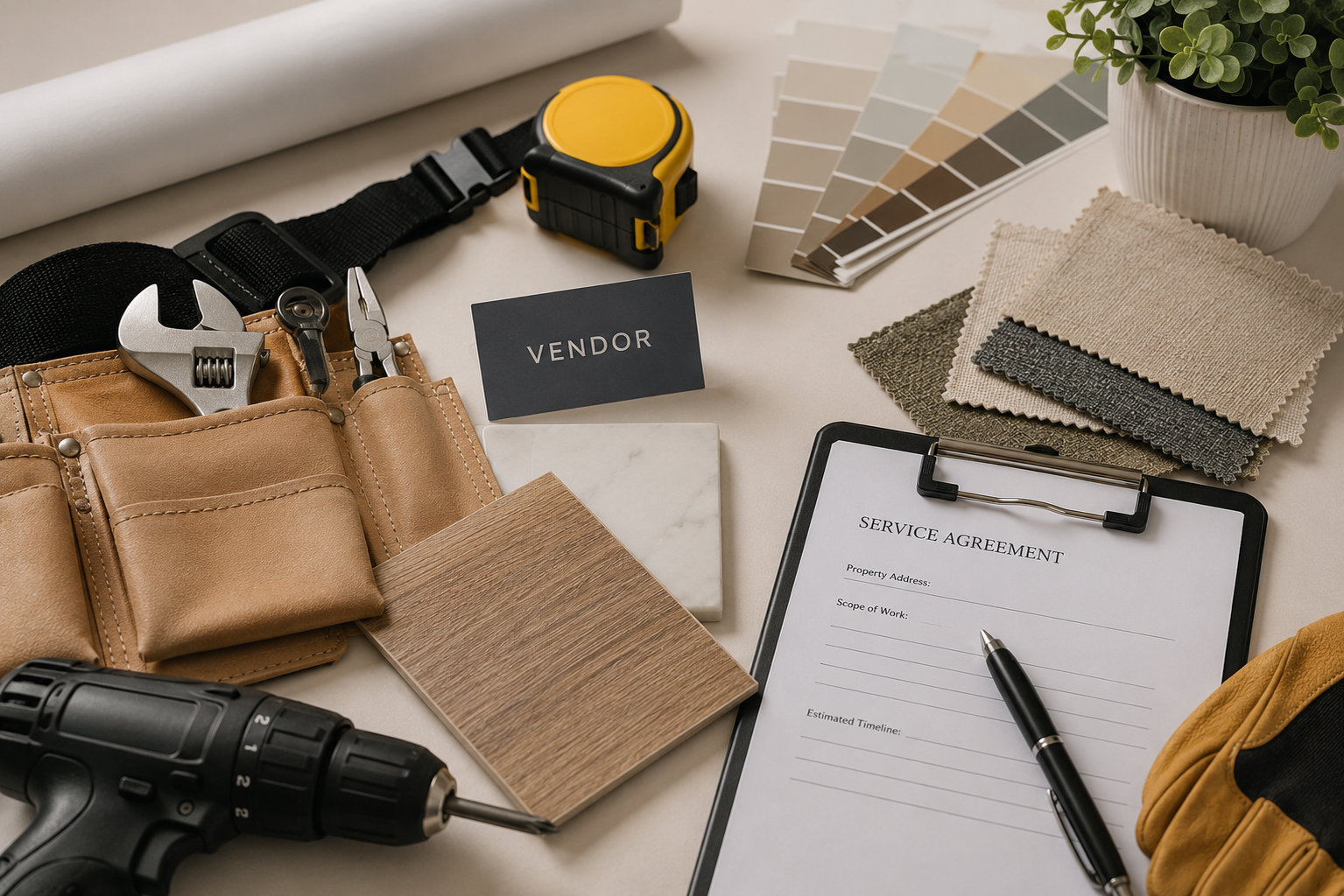 Tools, fabric swatches, color samples, a service agreement form, and a plant on a table, suggesting interior decorating or renovation planning.