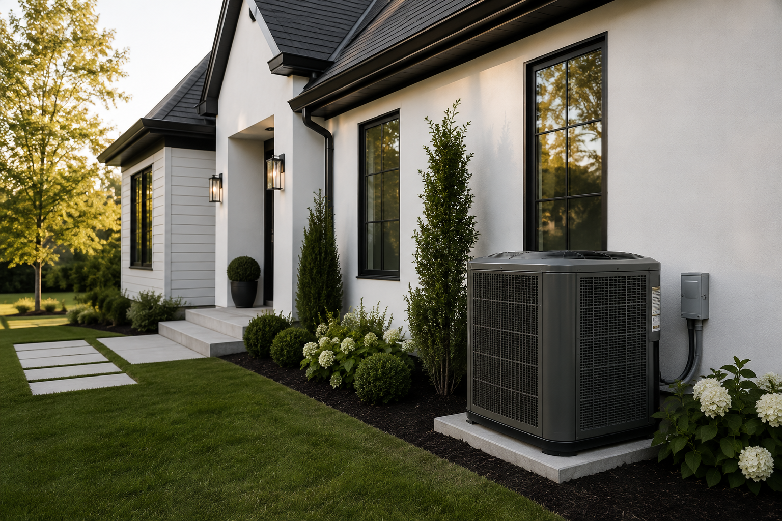 Front exterior of a modern white house with black window frames, outdoor lighting, and landscaped garden with bushes and flowers, featuring an air conditioning unit on a concrete pad.