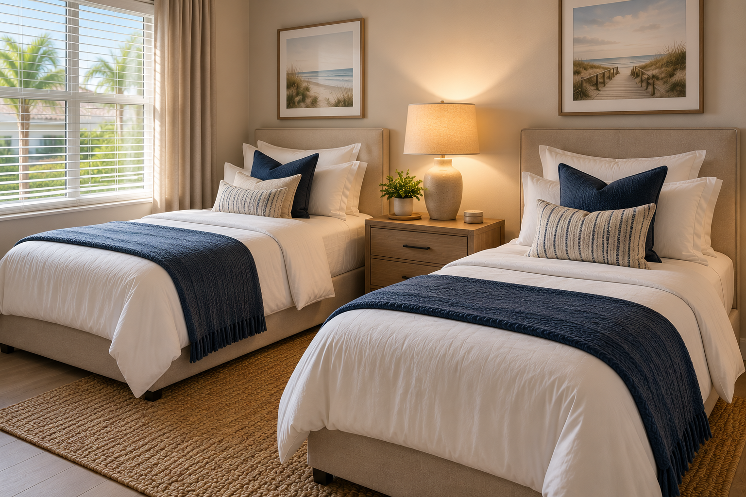 Two neatly made beds with navy blue throws and pillows, a nightstand with a lamp and potted plant between them, ocean-themed artwork on the wall, window with blinds letting in sunlight, and beige curtains.